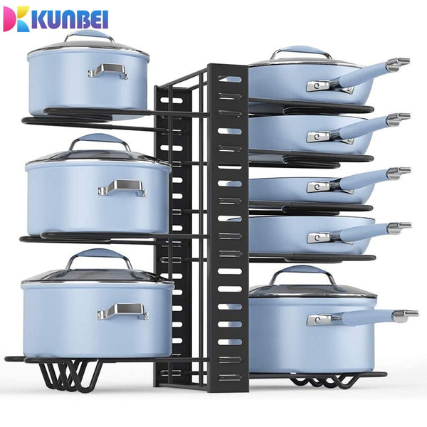 KUNBEI Adjustable Pots and Pans Organizer Rack 3 DIY Methods Heavy Duty Metal Pans Pots Lids Storage Holder Rack for Kitchen