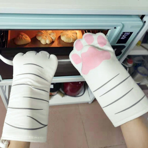 1PC Cute Cartoon Cat Paws Oven Mitts Long Cotton Baking Insulation Microwave Heat Resistant Non-slip Gloves Animal Design