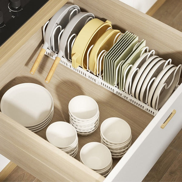 Pots Organizer Tableware Rack Storage For Kitchen Drawer Cabinets Expandable Iron Material Multi-function Lid Chopping Holder
