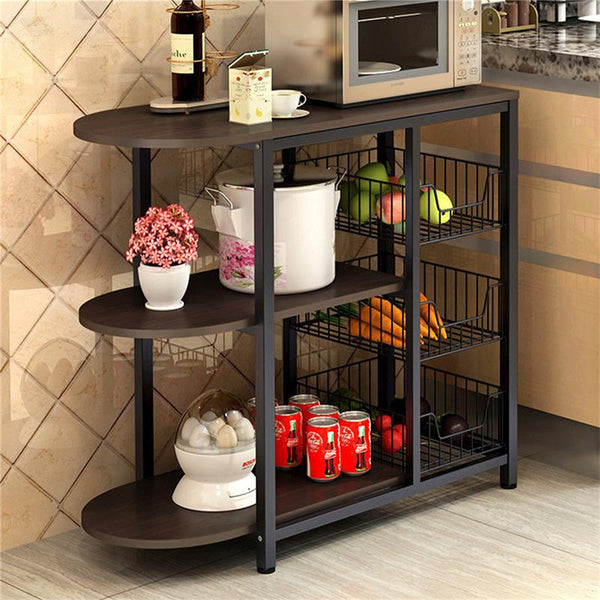 Kitchen Storage Rack Standing Utility Carts with Base + Wheels 3 Tier Spacious Shelves and Metal Mesh Baskets
